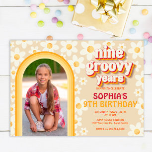 Nine Groovy Retro Boho Photo Birthday Invitation