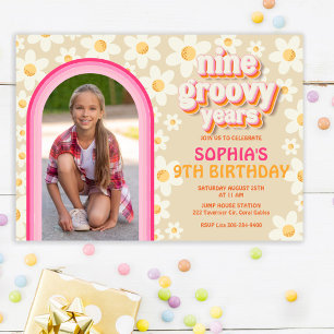 Nine Groovy Retro Daisy Photo Birthday Invitation