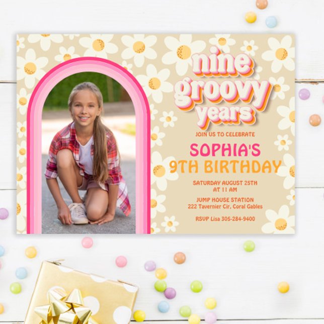 Nine Groovy Retro Daisy Photo Birthday Invitation  (Creator Uploaded)