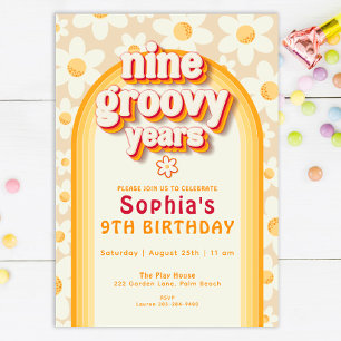 Nine Groovy Years Boho Daisy Rainbow Birthday Invitation