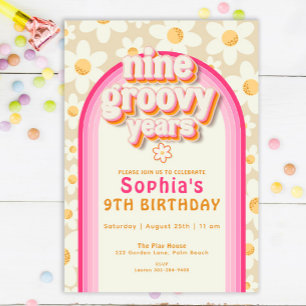 Nine Groovy Years Boho Daisy Rainbow Birthday Invitation
