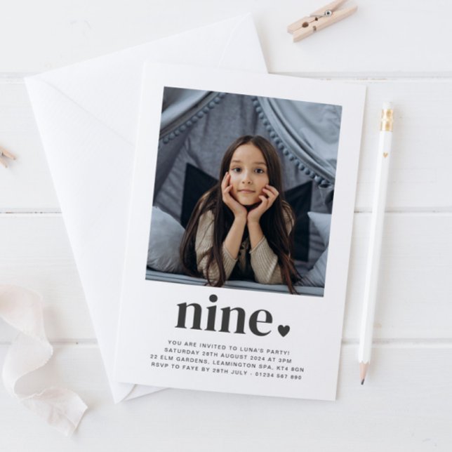 Nine Heart - Square Photo Birthday Invitation (Creator Uploaded)