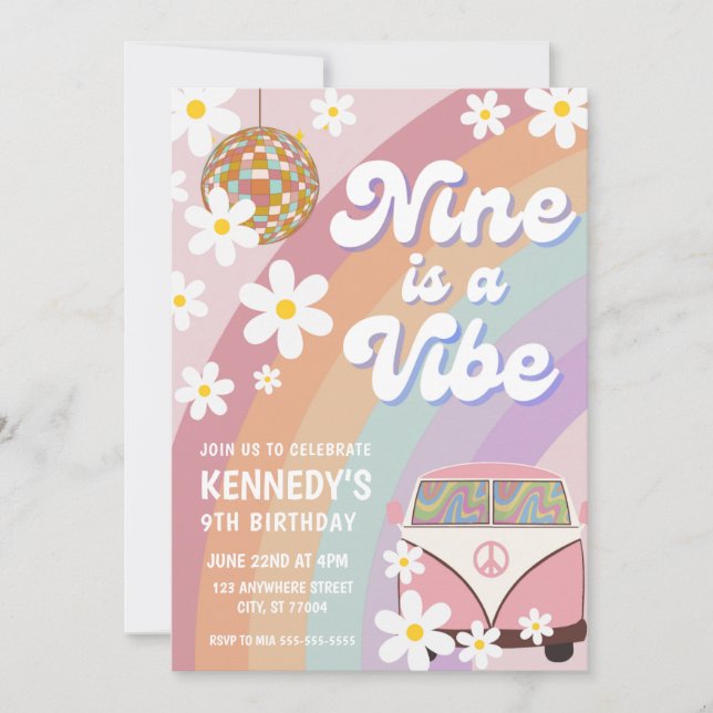 Nine is a vibe 9th birthday invitation groovy girl (Front)