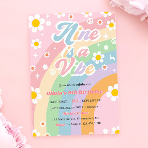 Nine Is A Vibe Groovy Daisy Rainbow 9th Birthday Invitation