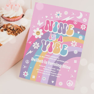 Nine Is A Vibe Groovy Hippie Rainbow 9th Birthday Invitation