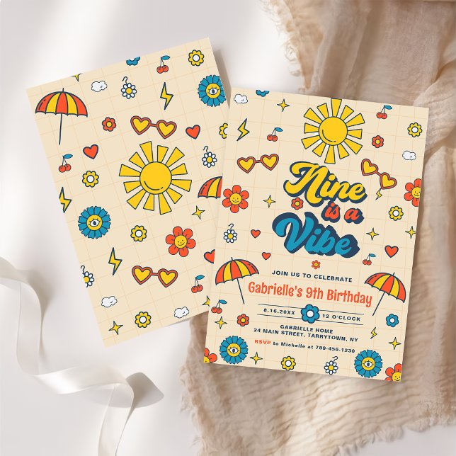 Nine is a Vibe Groovy Retro Daisy 9th Birthday Invitation (Creator Uploaded)