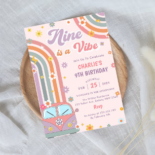 Nine Is A Vibe Groovy Retro Daisy 9th Birthday  Invitation