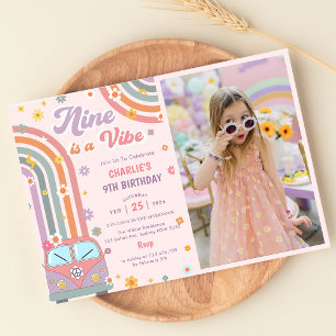 Nine Is A Vibe Groovy Retro Daisy Birthday Photo Invitation