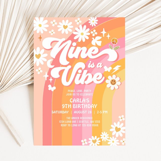 NINE is a Vibe Pink Peach 9th Groovy Birthday Invitation (Creator Uploaded)