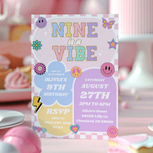 Nine Is A Vibe Preppy Patch 9th Birthday Party Invitation