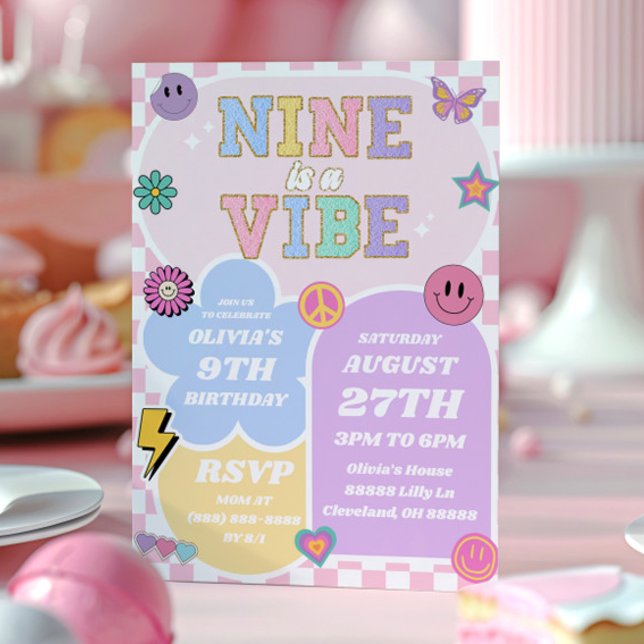 Nine Is A Vibe Preppy Patch 9th Birthday Party Invitation (Creator Uploaded)