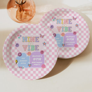 Nine Is A Vibe Preppy Patch 9th Birthday Party Paper Plate