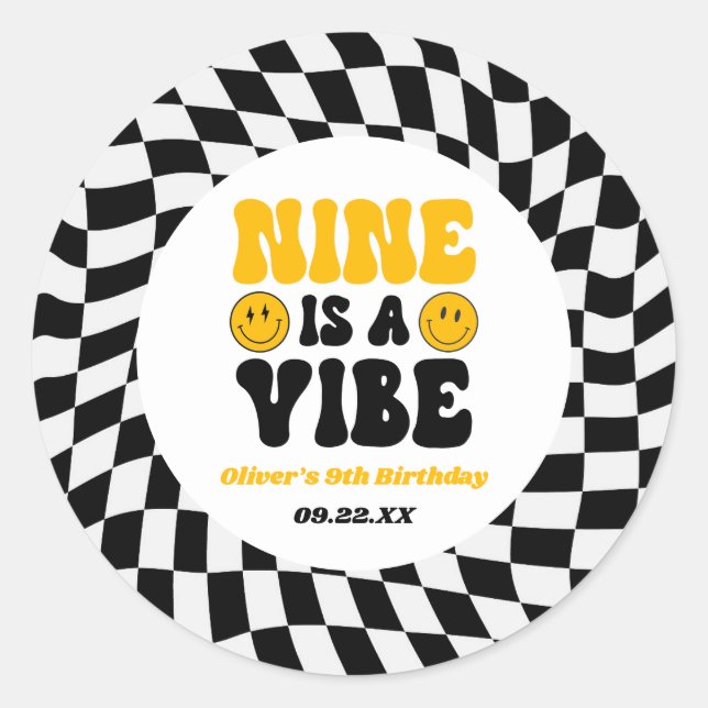 Nine Is A Vibe Retro Ninth 9th Birthday Party Classic Round Sticker (Front)