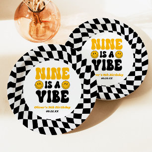 Nine Is A Vibe Retro Ninth 9th Birthday Party Paper Plate
