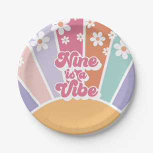 Nine is a Vibe Retro Sunshine Rainbow Daisy Paper Plate