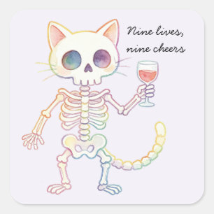 Nine Lives Nine Cheers Cute Skeleton Cat Halloween Square Sticker