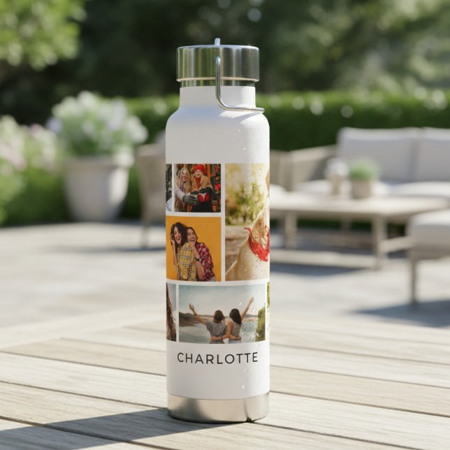 Nine Photo Collage Personalised Name Water Bottle (Creator Uploaded)