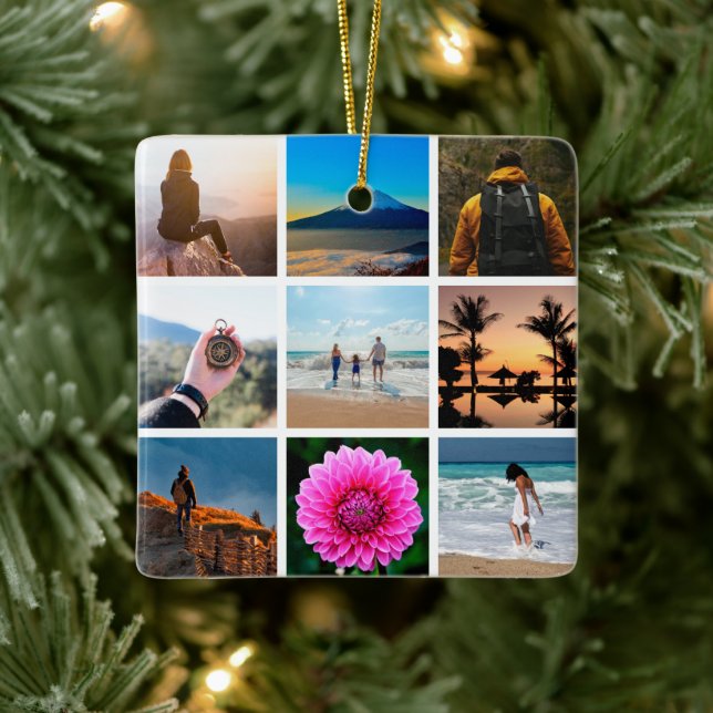 Nine Photo Picture Collage Customisable Ceramic Ornament (Tree)
