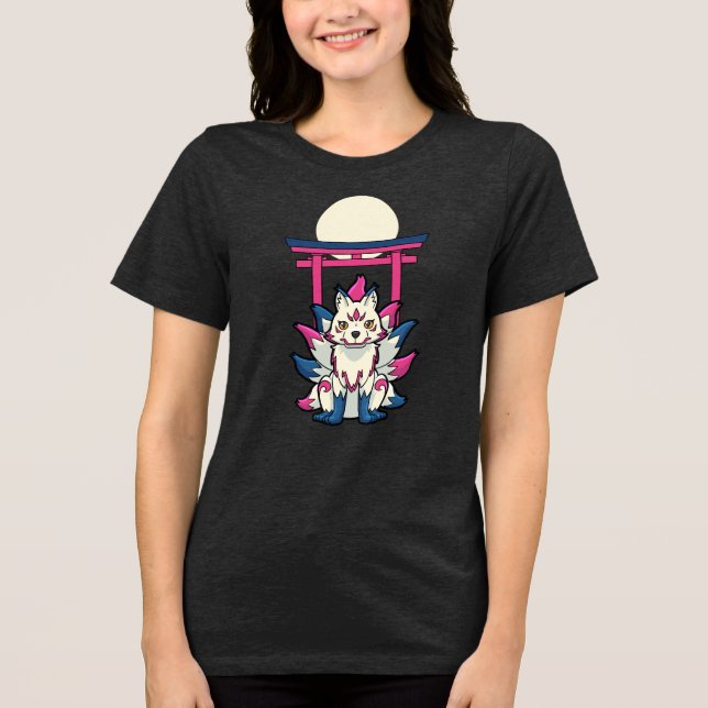 Nine-Tailed Kitsune Fox- Fun Yokai Tri-Blend Shirt (Front)