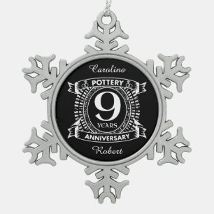 Nine years Pottery wedding anniversary Snowflake Pewter Christmas Ornament