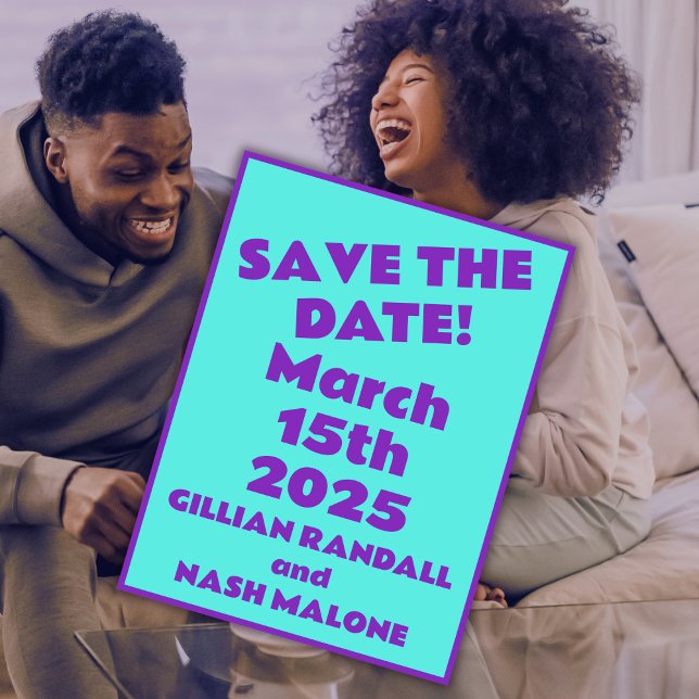 Nineties Purple on Teal Wedding Save-the-Date Postcard (Creator Uploaded)