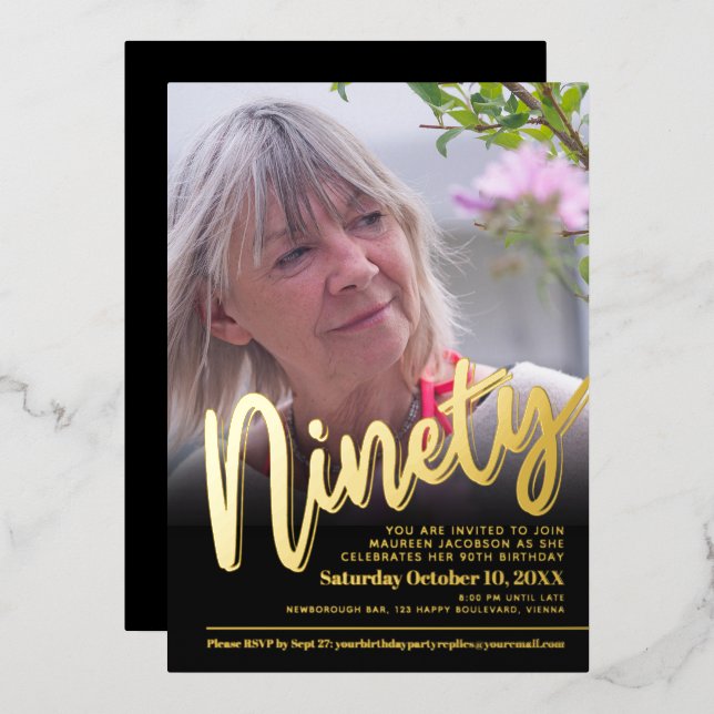 Ninety 90th Birthday custom photo script gold (Front/Back)