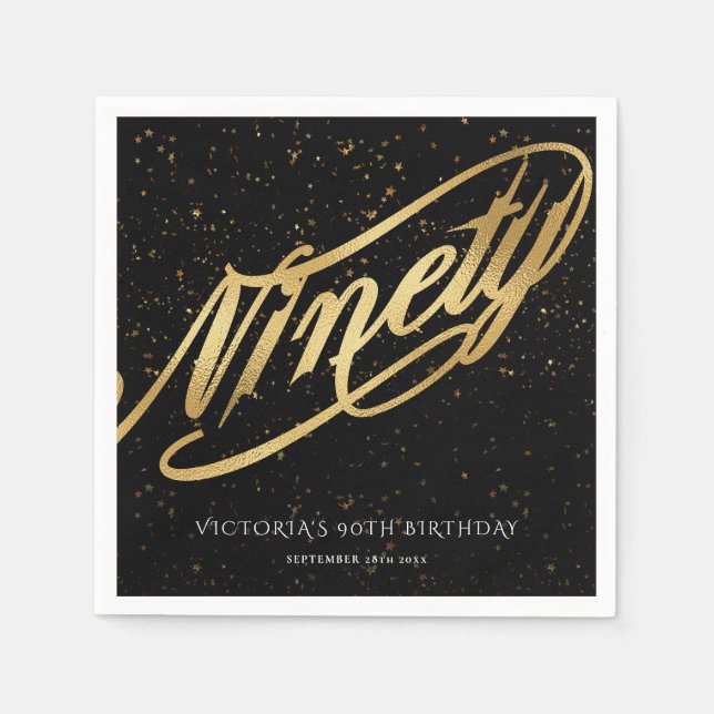 Ninety 90th Gold Black Confetti Calligraphy Classy Napkin (Front)