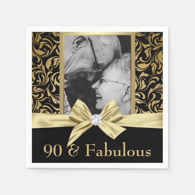 Ninety and Fabulous gold damask 90th Birthday Napkin (Front)