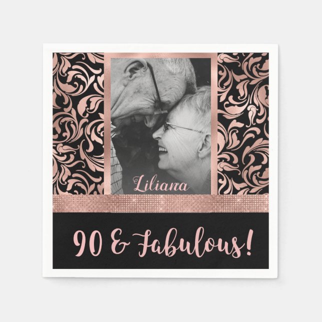 Ninety and Fabulous Rose Gold Damask 90th Birthday Napkin (Front)