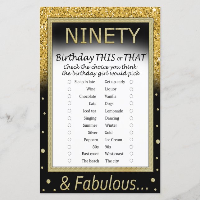 Ninety Birthday This or That Game (Front)