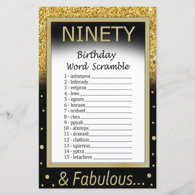 Ninety Birthday Word Scramble Game (Front)