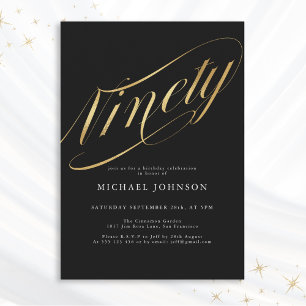 Ninety Black and Gold 90th Birthday Invitation