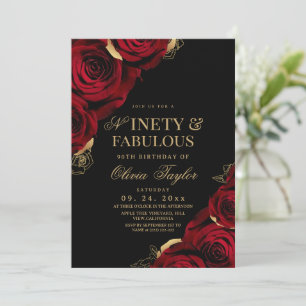 Ninety & Fabulous Black Red Roses Birthday Invitation