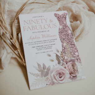 Ninety & Fabulous! Blush Gown Floral 90th Birthday Invitation
