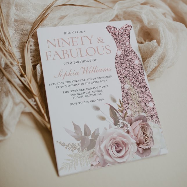 Ninety & Fabulous! Blush Gown Floral 90th Birthday Invitation (Creator Uploaded)