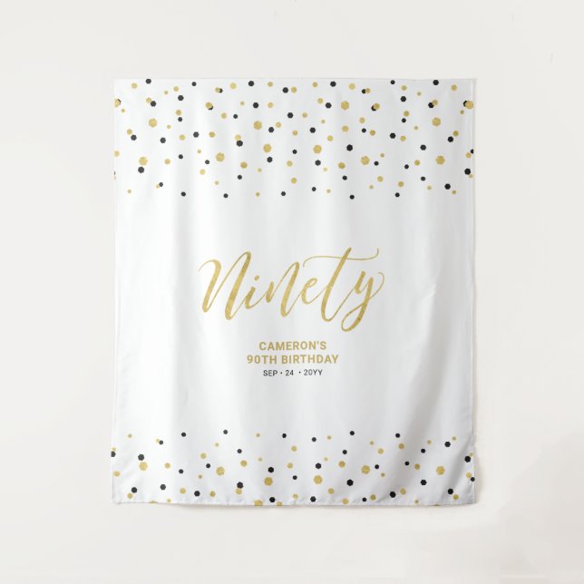 Ninety Gold & Black 90th Birthday Party Backdrop Tapestry (Front)