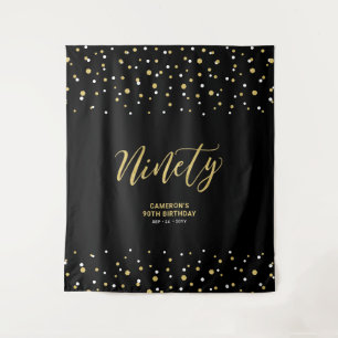 Ninety Gold & Black 90th Birthday Party Backdrop Tapestry
