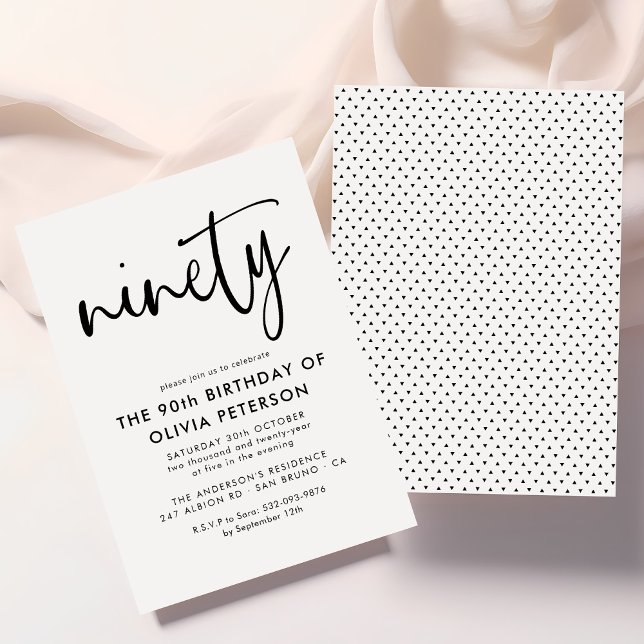 Ninety | Modern 90th Black & White Birthday Party Invitation (Creator Uploaded)