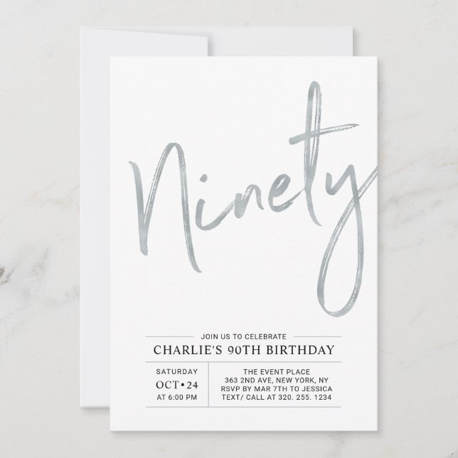 Ninety | Modern Silver Brush 90th Birthday Party Invitation (Front)