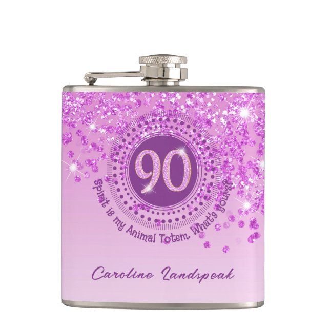 Ninety & Pink Glitter & Drinking Quote Hip Flask (Front)