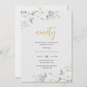 Ninety White & Gold White Floral Elegant Birthday Invitation