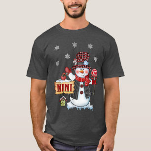 Nini Snowman Christmas Candy Cane Red Plaid Santa  T-Shirt