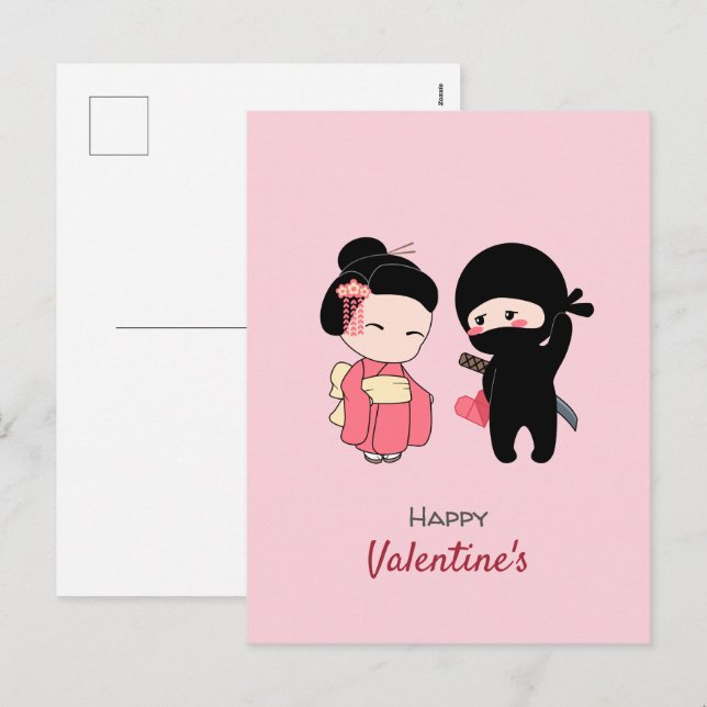 Ninja and Geisha Happy Valentine on Pink Holiday Postcard (Front/Back)