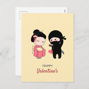 Ninja and Geisha Happy Valentine on Yellow Holiday Postcard