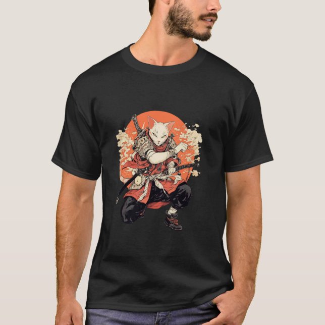 Ninja Battling Japanese Warrior Cat Samurai T-Shirt (Front)