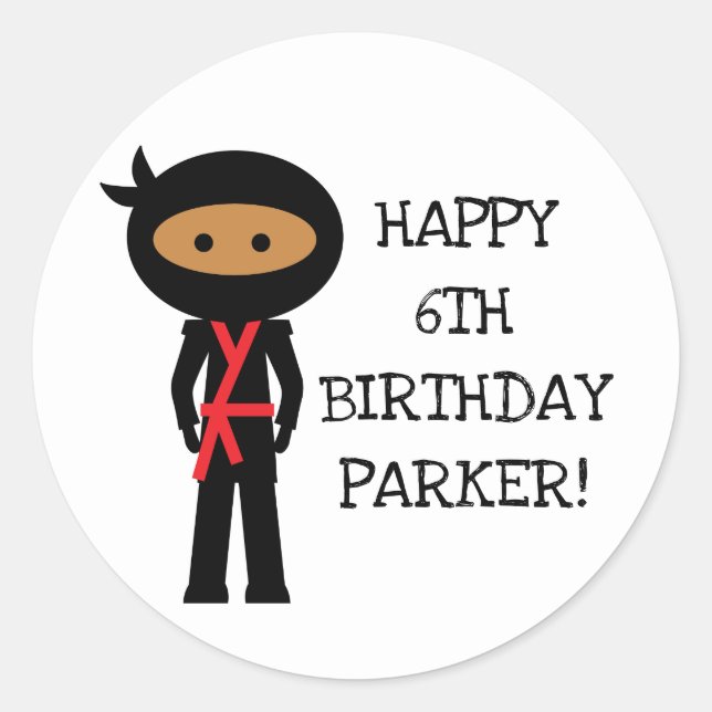 Ninja birthday party favour sticker, dark skin ton classic round sticker (Front)