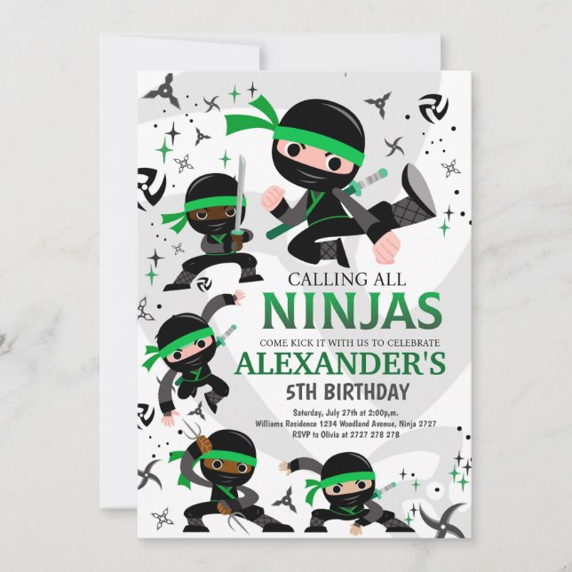 Ninja Birthday Party Invitation Karate Party Green (Front)