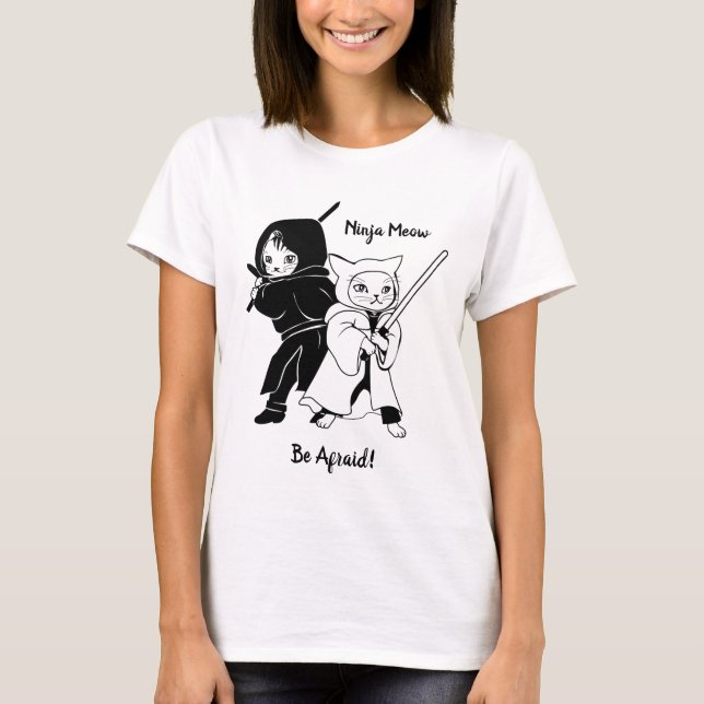 Ninja Cat Black And White T-Shirt (Front)