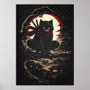 Ninja Cat, Funny Japanese Anime Tattoo Animal Art Poster