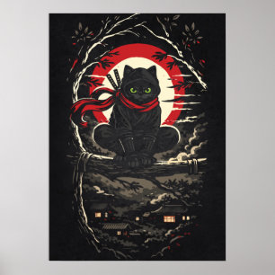 Ninja Cat, Japanese Anime Animal Tattoo Art Poster